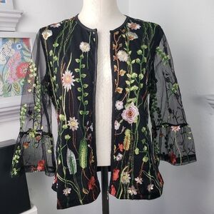 Draper's Sheer Black w/ Embroidered Floral Whimsy Goth Feminine Grandma Vintage